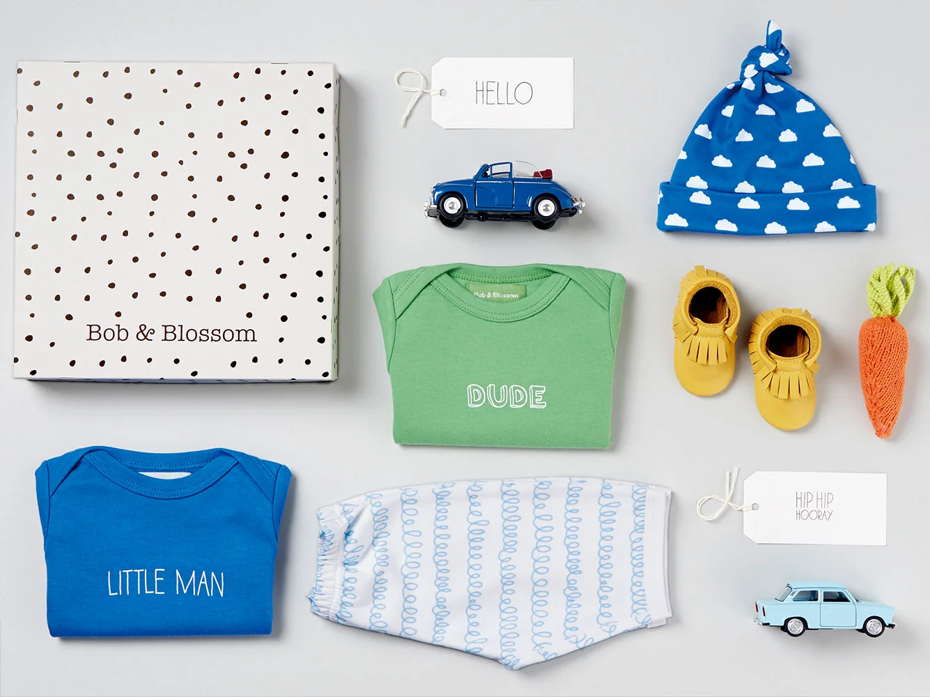 a selection of packaging and printed textiles designed by Petits Papiers for Bob & Blossom