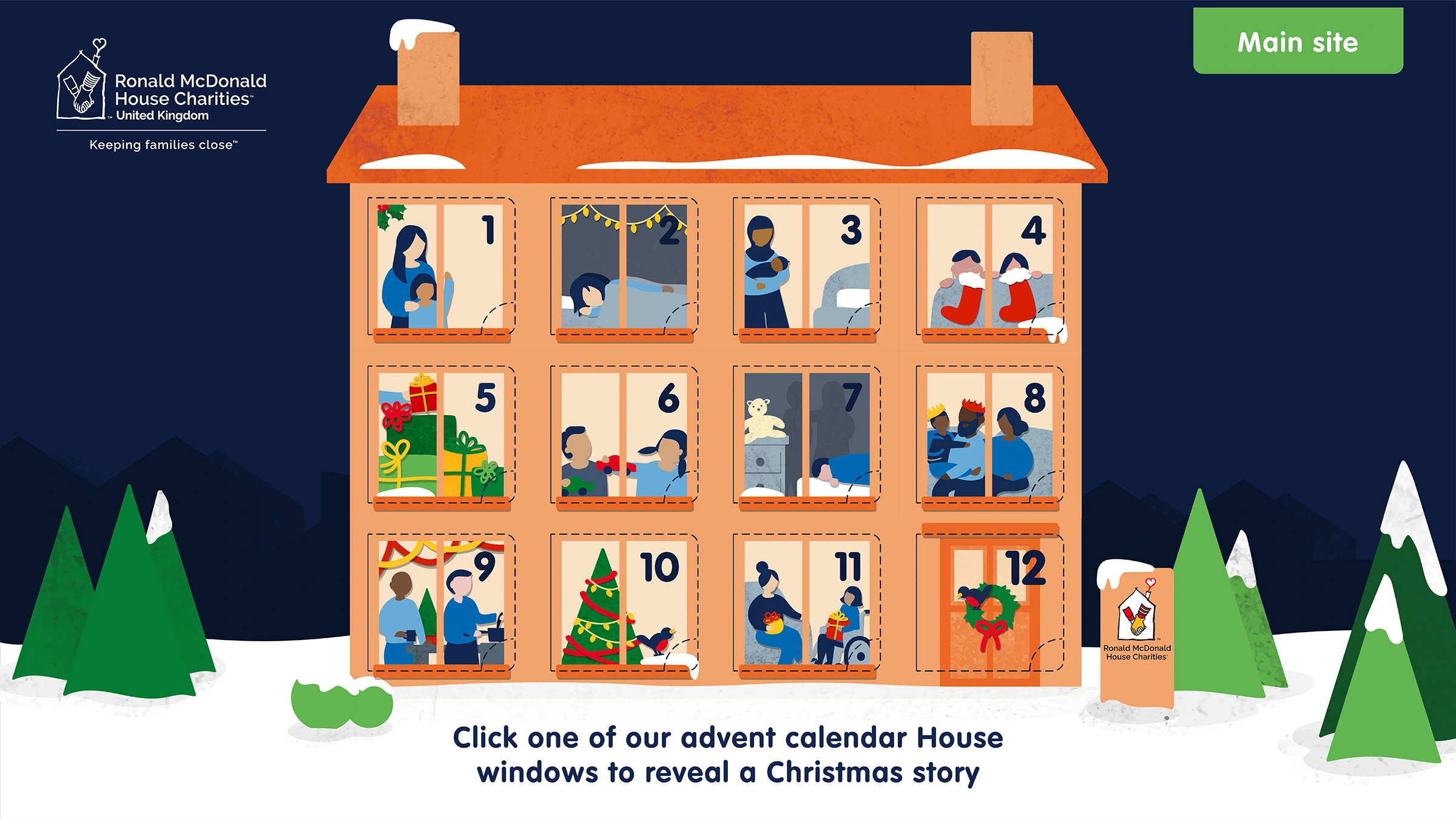  homepage of RMHC UK's Christmas Bedside Appeal shows an advent calendar house with illustations of families at each window