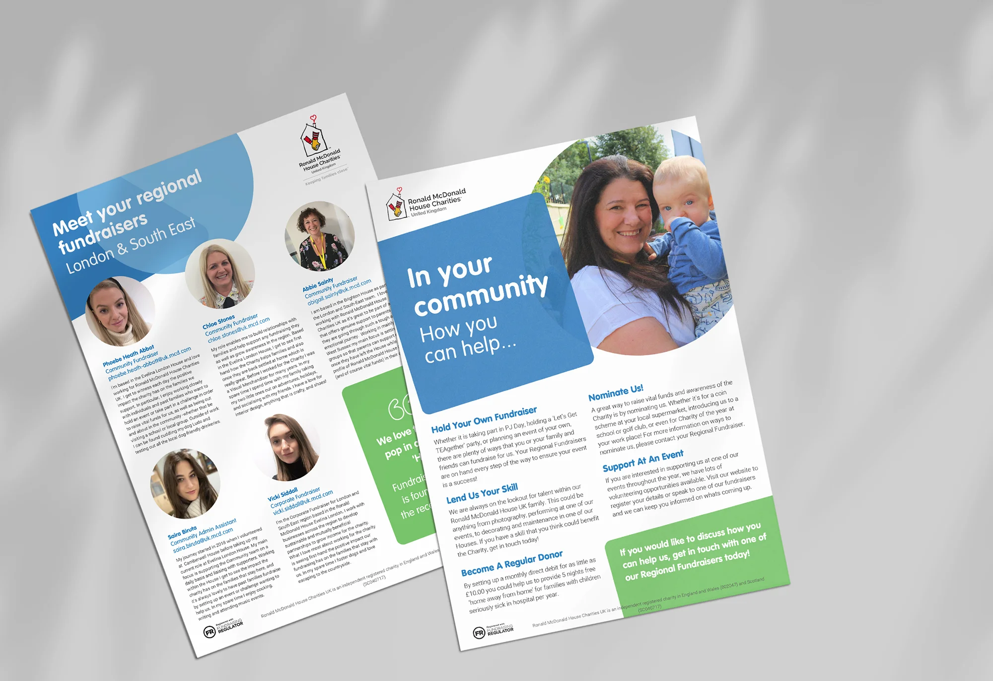 two A4 leaflets about RMHC UK's work and impact it uses bold colourful shapes and photos of families