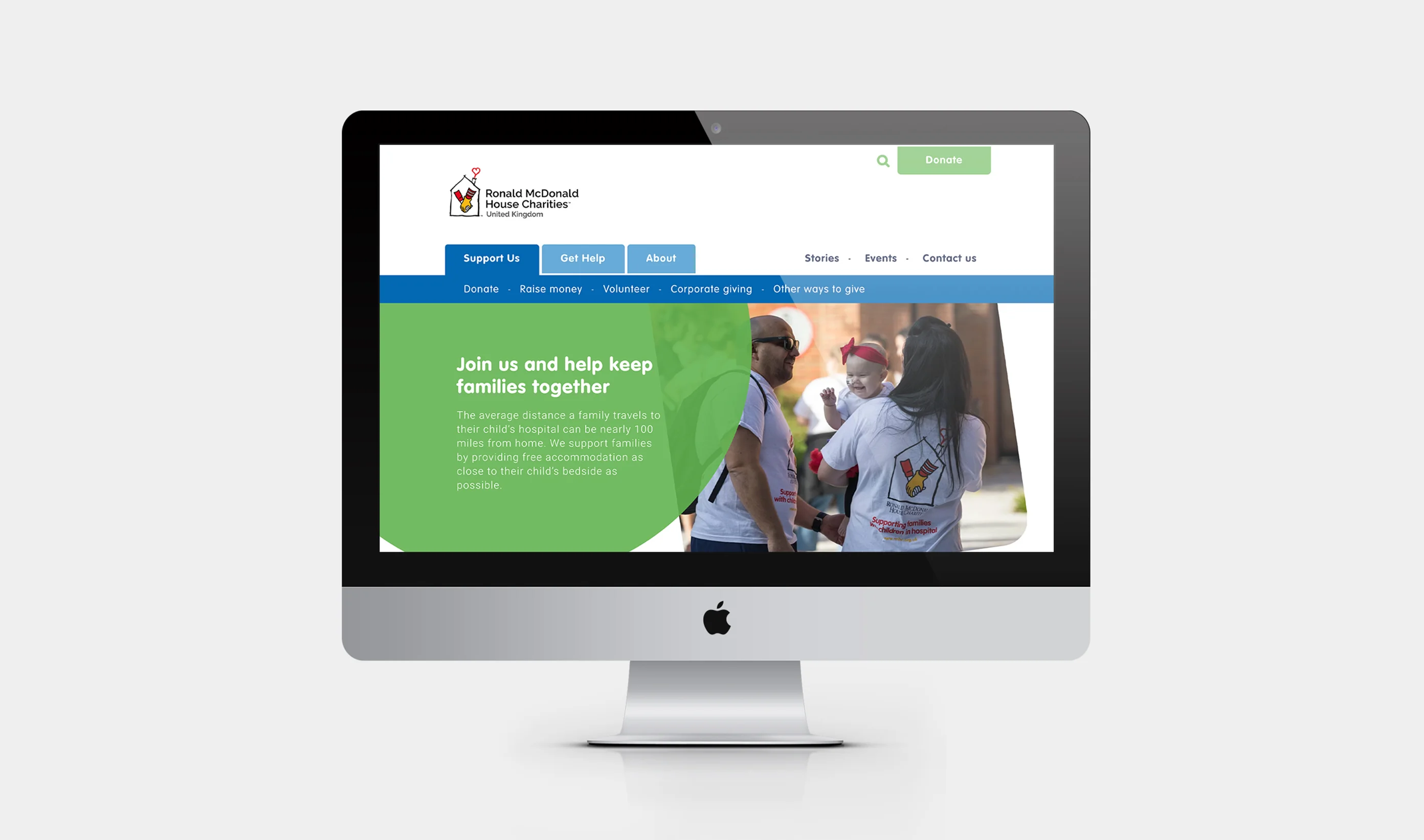 a screen displaying the new homepage design of the Ronald McDonalds House Charities UK by Beard & Ginger