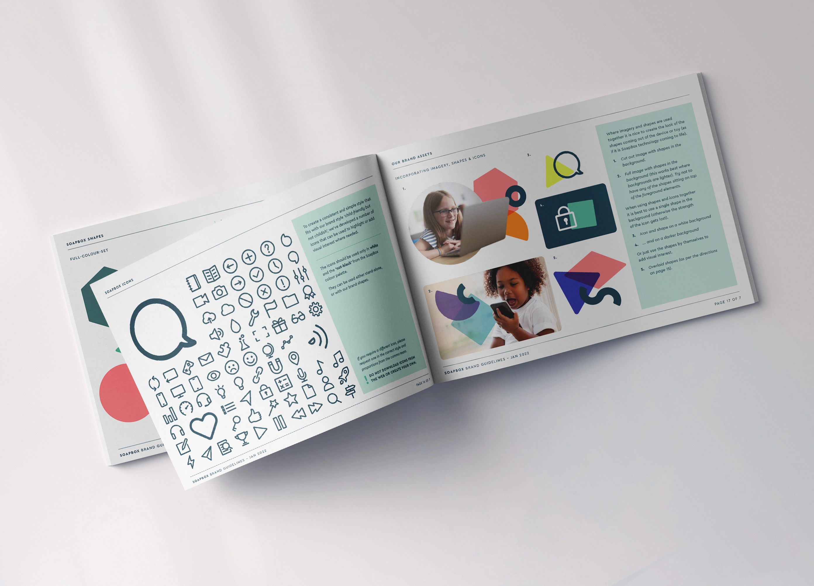 SoapBox's brand guidelines this spread shows how icons and shapes should be used